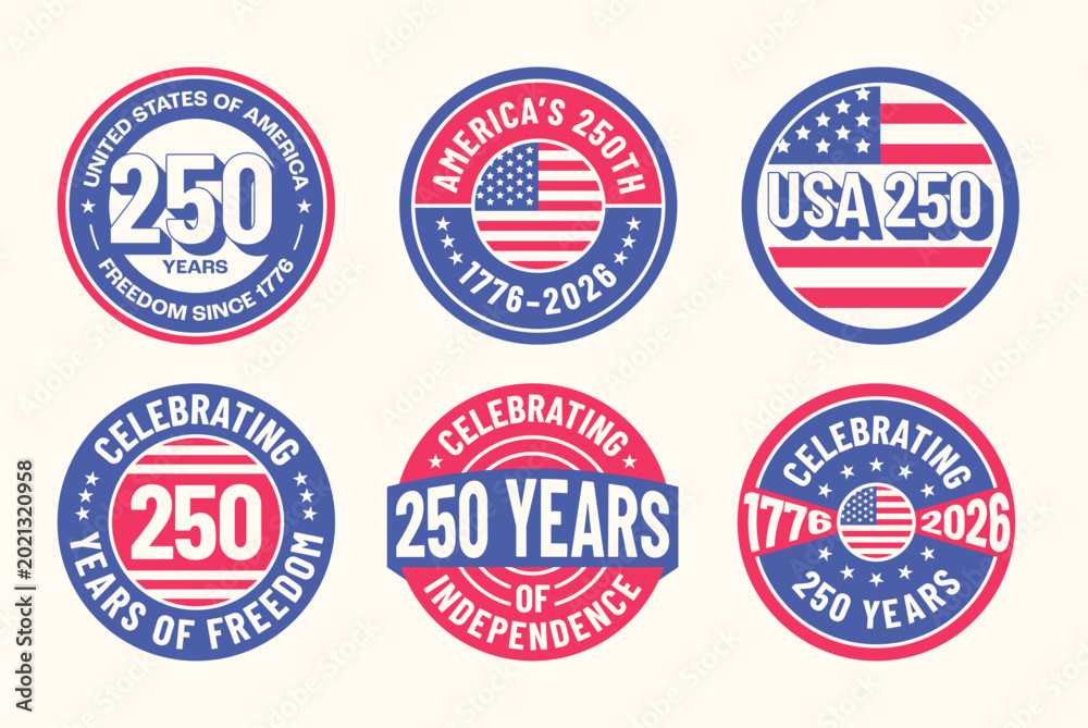 Obraz premium Set of USA 250 anniversary badges for 4th of July celebration with patriotic elements. Vector illustration