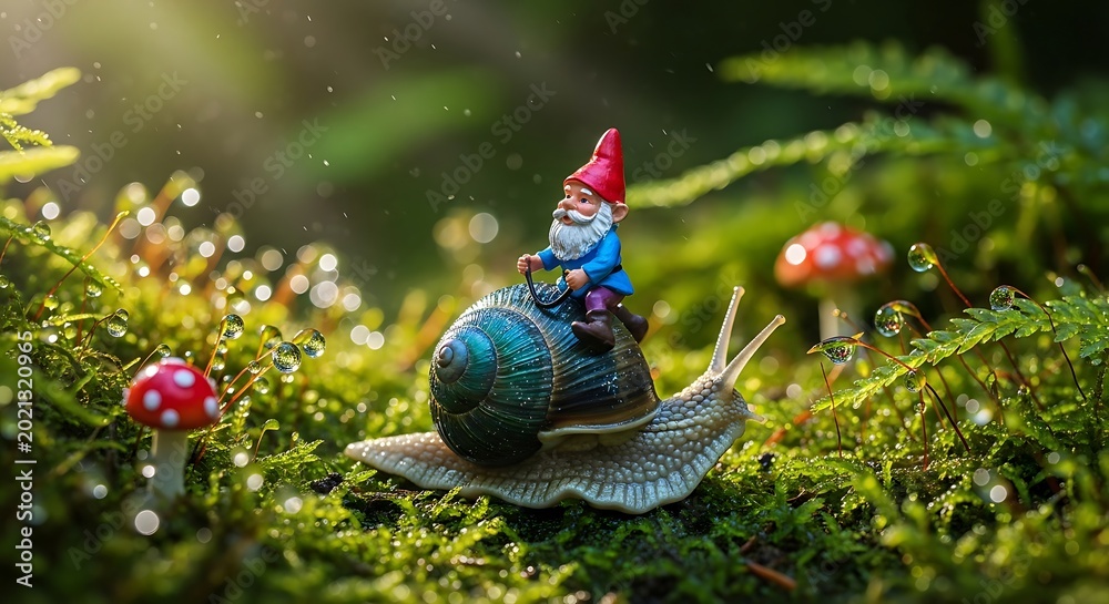 Obraz premium A small garden gnome riding on a snail through a lush green forest with mushrooms and moss