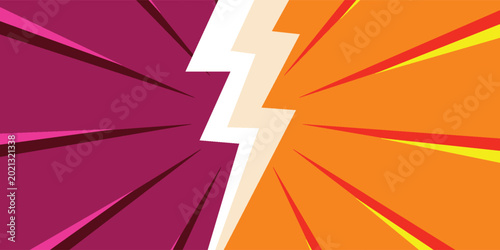 Fotografi Abstract lightning bolt dividing vibrant colored backgrounds.