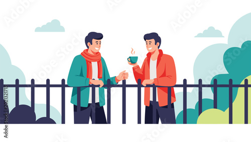 Two friendly neighbors having a pleasant conversation and drinking coffee over a suburban fence on a clear and sunny day in the park.