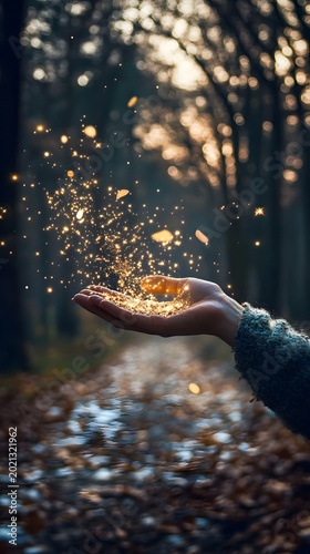 Golden sparkling particles settle into a hand against the warm, atmospheric backdrop of an autumnal forest.