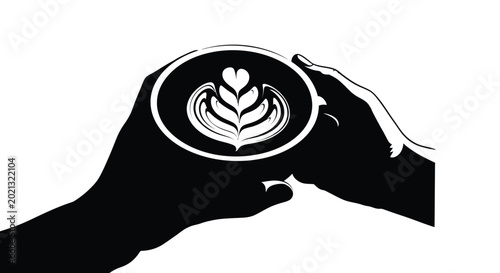 Bild auf Leinwand Latte art silhouette a hand holding a cup of coffee with floral design