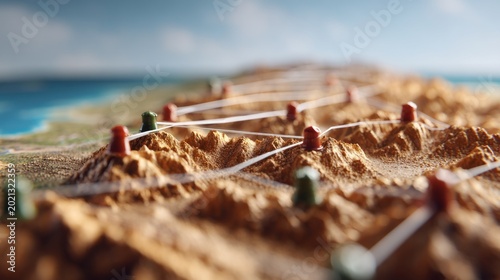 Detailed mountain landscape model with connected points and network concept