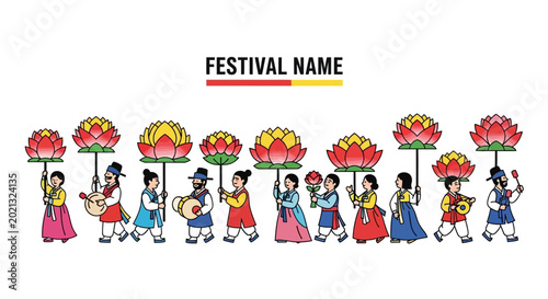 Fotografi Korean traditional festival parade with people wearing Hanbok and carrying lotus lanterns