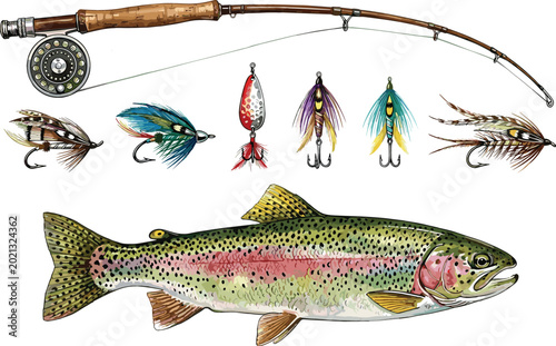 Foto Fly Fishing Gear Set Featuring Rainbow Trout Fish Rod Reel and Colorful Artifici
