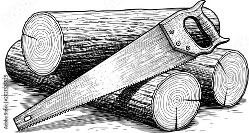 Photos Hand saw resting stacked wood logs, vintage engraving style timber lumber