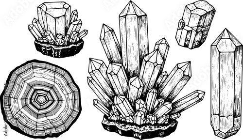 Tableau sur toile Hand-drawn black and white crystal clusters and geode slice transparent backgrou
