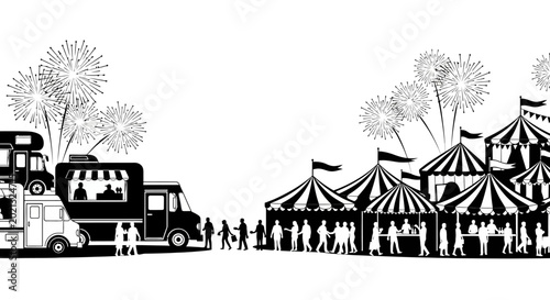 Black and white vector illustration of a bustling street food festival with tents and trucks.