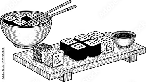 Fotografía Hand-drawn japanese sushi rolls and chopsticks wooden board with soy sauce maki