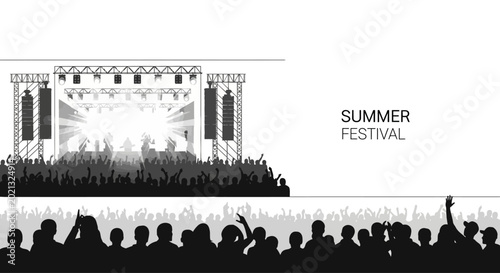 Silhouette of a music concert crowd with a stage at a summer festival.