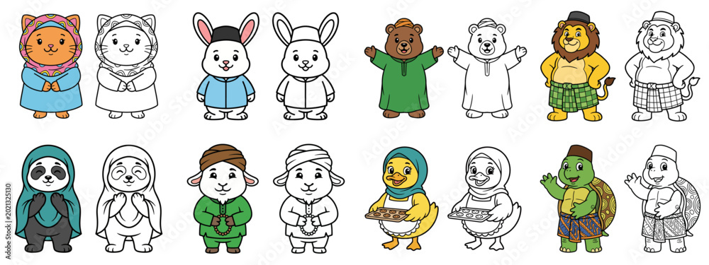 Obraz premium A collection of cute cartoon animals dressed in various traditional Islamic clothing, including hijabs, thobes, and kufis, presented in a grid format.