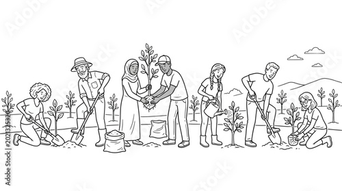 Bild auf Leinwand Diverse group of volunteers planting trees together in a field.