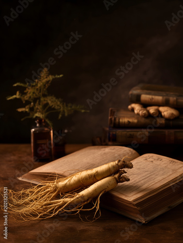 Ginseng root on the table, Chinese traditional medicine books in the dark background