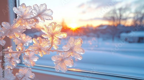 Close-up of ice crystal formation on a window with a snowy backdrop at sunset