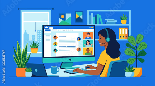 Woman in Home Office Participating in Virtual Video Meeting and Online Collaboration Illustration