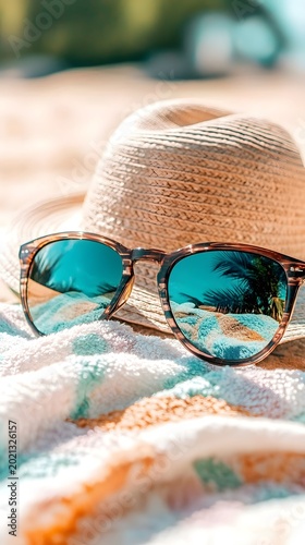 Stylish sunglasses rest on a woven hat and colorful towel against a bright beach backdrop, capturing the perfect essence of a summer getaway.