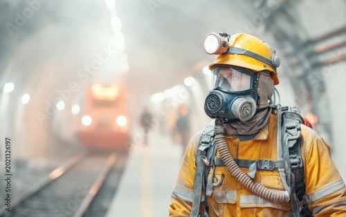 Miner Wearing Protective Gear and Gas Mask in Underground Tunnel