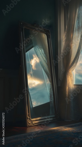 Sunlight streaming through sheer curtains illuminates a dramatic, antique mirror in a moody, elegant interior space.