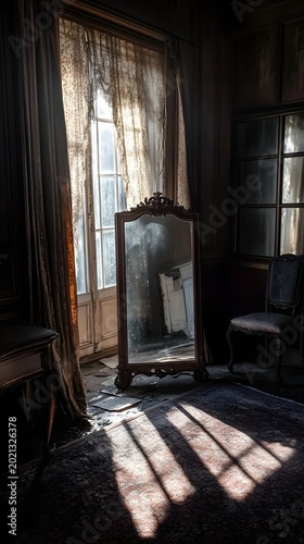 Sunlight streaming through sheer curtains illuminates an ornate, antique mirror in a grand, mysterious interior.