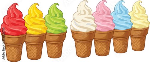 Bild auf Leinwand Colorful soft serve ice cream cones vector collection with perspective view and
