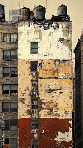 The textured facade of an industrial building displaying vivid layers of peeling paint and signs of deep urban decay.