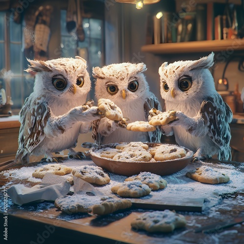 Three adorable owls gather around a bowl of cookies dusted with powdered sugar in a warm, cozy kitchen setting.
