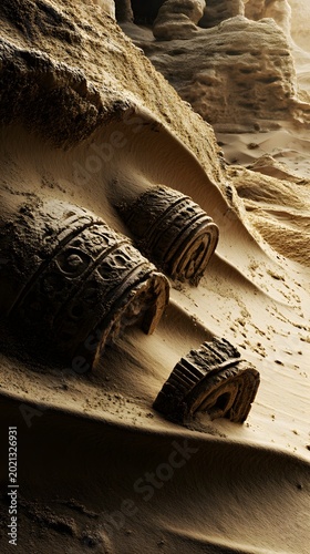 Three weathered, ancient relics emerge from the flowing sand dunes of a vast, desolate desert landscape.