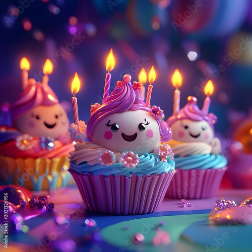Three whimsical cupcakes decorated as smiling characters, illuminated by glowing candles, set against a colorful, magical background.