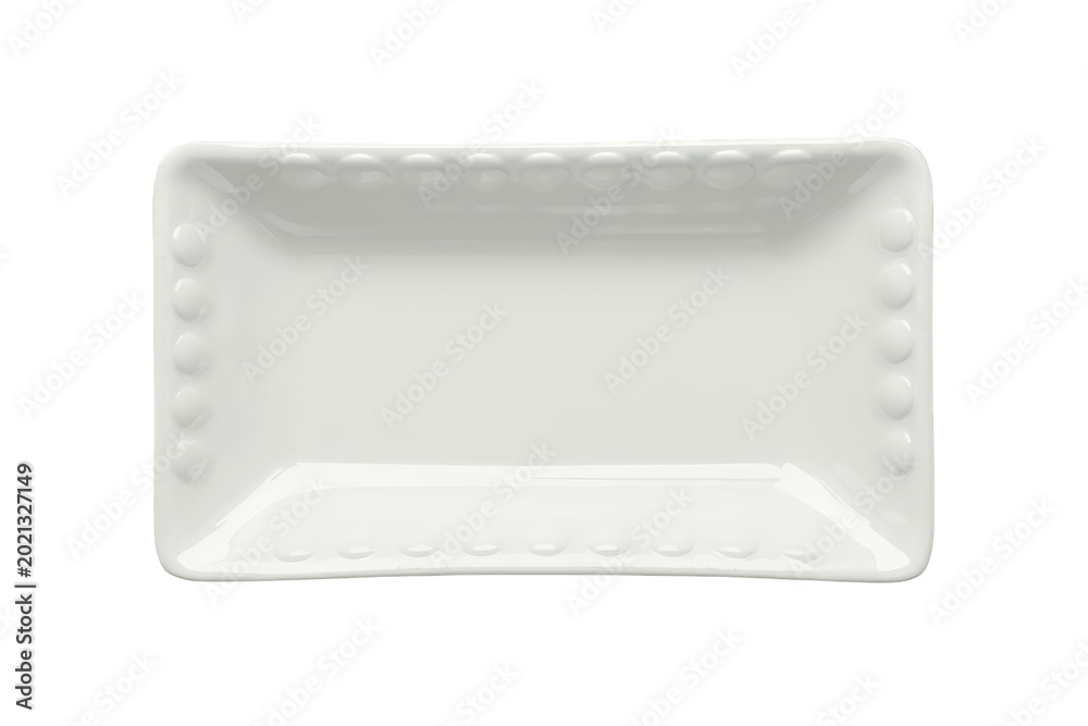Obraz premium White rectangular ceramic serving dish, beaded porcelain plate, kitchenware, empty food presentation platter on transparent background