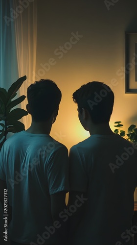 Two figures stand in soft, ambient light near a window, capturing a moment of quiet contemplation and deep connection.