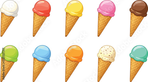 Konstfotografi Ice cream cones vector set with various colorful scoops and flavors isolated on