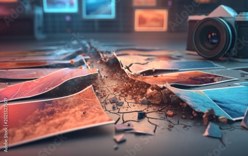 Cracked ground and broken photo prints with vintage camera closeup
