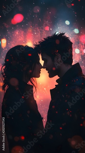 Two silhouetted figures sharing an intimate moment against a dazzling backdrop of colored lights and bokeh.