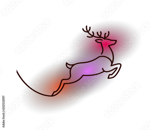 Deer silhouette leaping through gradient oval on neon signs effects background.
