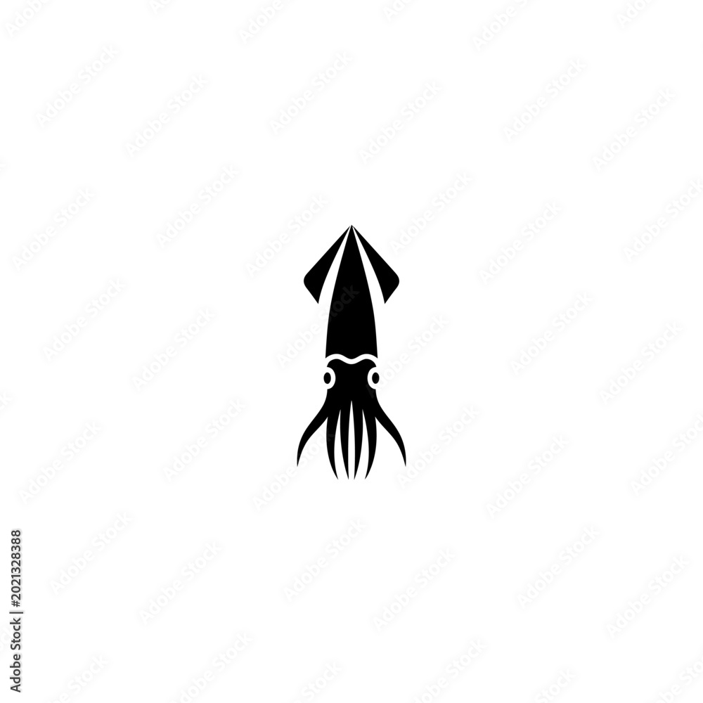 Fototapeta premium Black Silhouette of a Squid or Octopus with Tentacles and Eyes on a White Background Vector Illustration