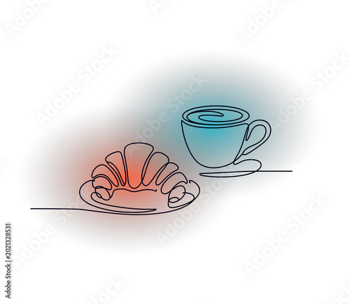Single line croissant and coffee cup drink on neon signs black background.