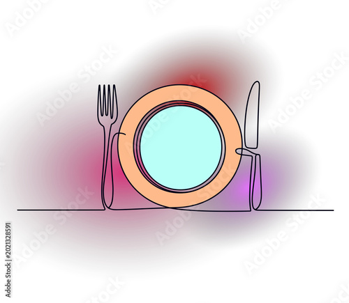 Single line of plate fork and knife with abstract neon signs background cutlery.