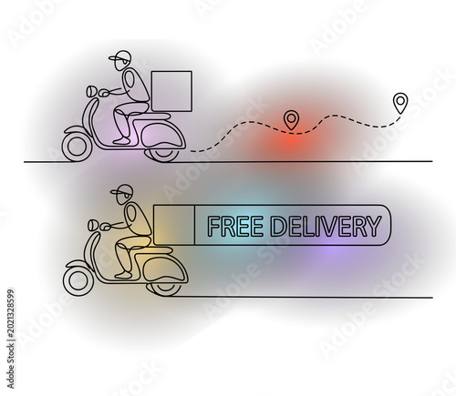Scooter delivery person with free delivery text and map pins neon signs rider.