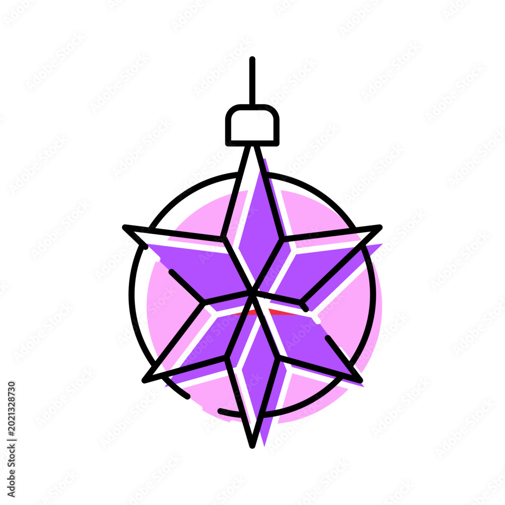 Fototapeta premium Purple star shaped ornament hangs from a hook, glowing with vibrant pink and purple hues and intricate line details, evoking festive holiday cheer and modern seasonal style