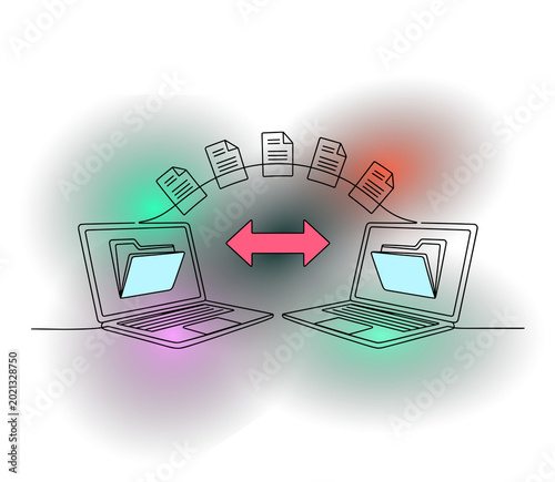 Two laptops transferring files with pink arrow and colorful neon signs background.