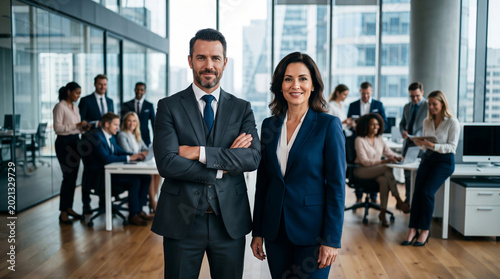 Professional business leaders smiling in a modern corporate office with a diverse team working in the background