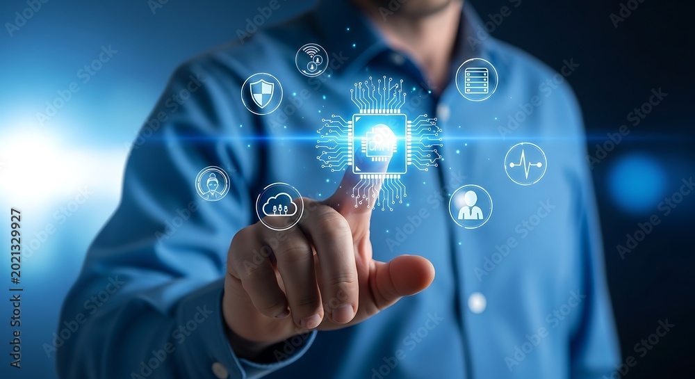 Fototapeta premium Artificial intelligence digital interface, businessman touching glowing AI processor icon, futuristic cloud computing and data security concept