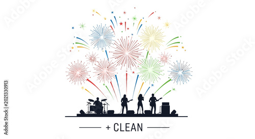 Silhouette of a music band performing on stage with fireworks display.