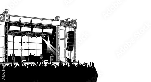 Foto Silhouette of a concert stage with a cheering crowd at a music festival