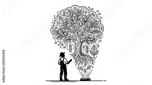 Quadro su tela A farmer observing a digital holographic tree growing from a robotic device