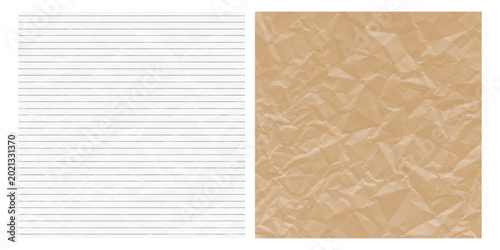 Clean vector graphic showcasing a white lined notepad page with subtle creases and a heavily crumpled brown paper texture. .Versatile backgrounds.
