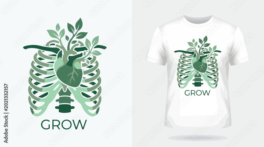 Αυτοκόλλητο A symbolic representation showcasing a heart and plant growth within a ribcage, illustrating themes of health, sustainability, and nurturing life, perfect for creative stock imagery