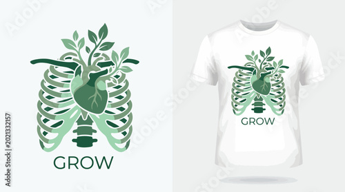 Photography A symbolic representation showcasing a heart and plant growth within a ribcage, illustrating themes of health, sustainability, and nurturing life, perfect for creative stock imagery