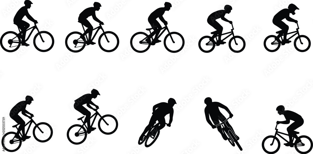 Fototapeta premium Set of mountain bike and BMX cyclist silhouettes performing jumps and stunts isolated on white background for sports design