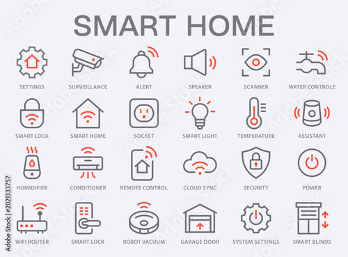 Schilderij op canvas Smart home icons, such as automation, connected devices, control systems, and digital living symbol and more